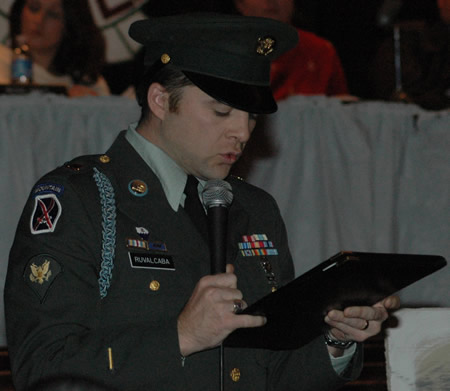 November 7, 2007.One of the many Cicero citizens who spoke in favor of the Morton 35 was disabled Gulf War veteran Cesar Ruvalcaba (above), who wore his Army uniform. Schmidt photo.